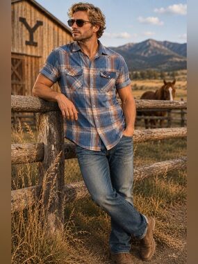 Flag & Anthem Desert Son Men's Size M Pearl Snap Blue Plaid Short Sleeve Shirt